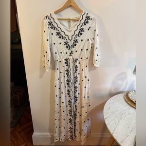 Chic White and Navy Embroidered Long Sleeve Dress